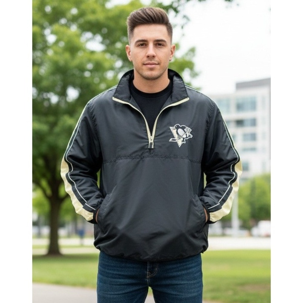 Pittsburgh Penguins Pullover Anorak Jacket Windbreaker Men's Black‎ Gold Size L